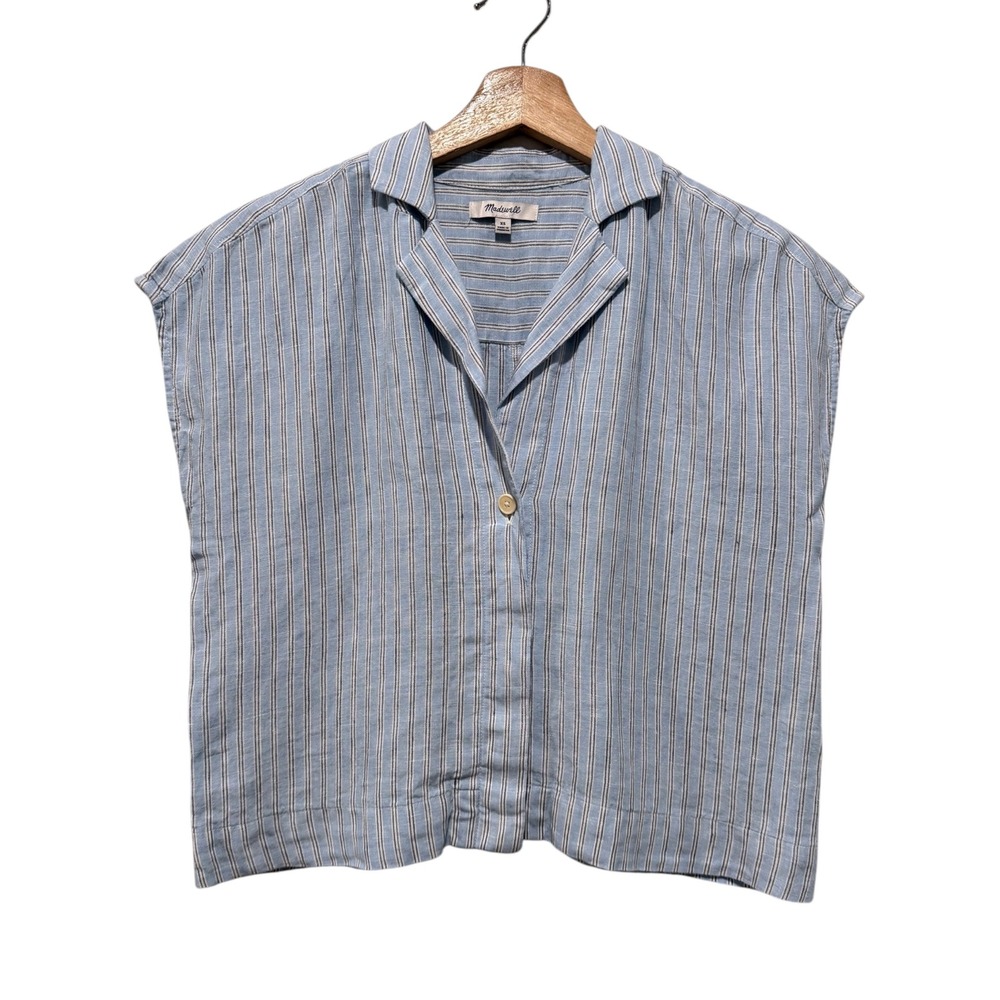 Madewell Womens Oversized Boxy 100% Linen Shirt Women XS Blue Stripe Button Up